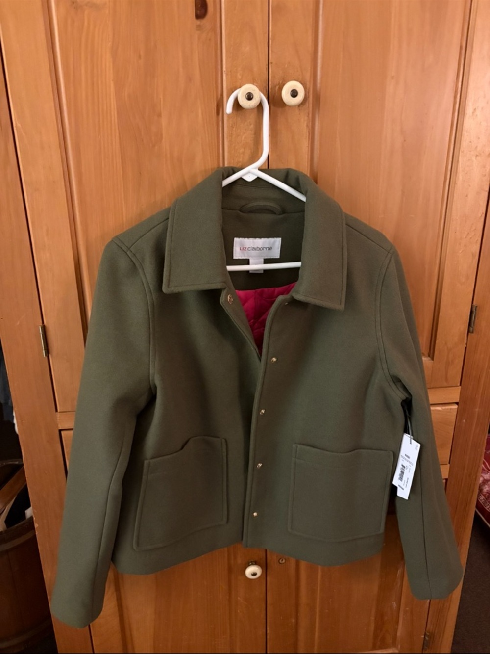 Liz Claiborne Olive Green Wool-Blend Pea Coat with Contrasting Red Lining